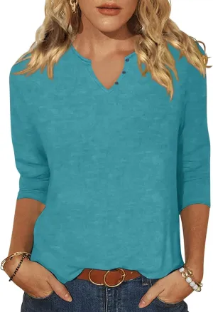 Woffccrd Womens Casual 3/4 Sleeve T-Shirts Button V Neck Summer Tunic Tops Loose Fit Shirts Solid Basic Tops