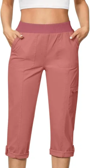 Women Cargo Capris Pants Dressy Casual Pull On Slacks Relaxed Fit Lounge Capris Office Work Comfy Cropped Trousers