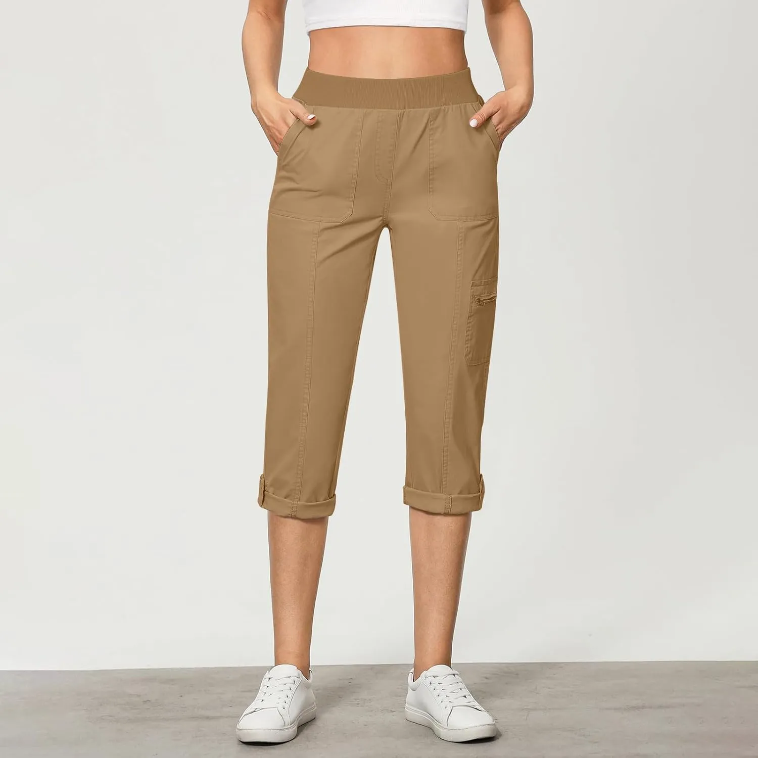 Women Cargo Capris Pants Dressy Casual Pull On Slacks Relaxed Fit Lounge Capris Office Work Comfy Cropped Trousers