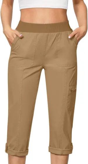 Women Cargo Capris Pants Dressy Casual Pull On Slacks Relaxed Fit Lounge Capris Office Work Comfy Cropped Trousers