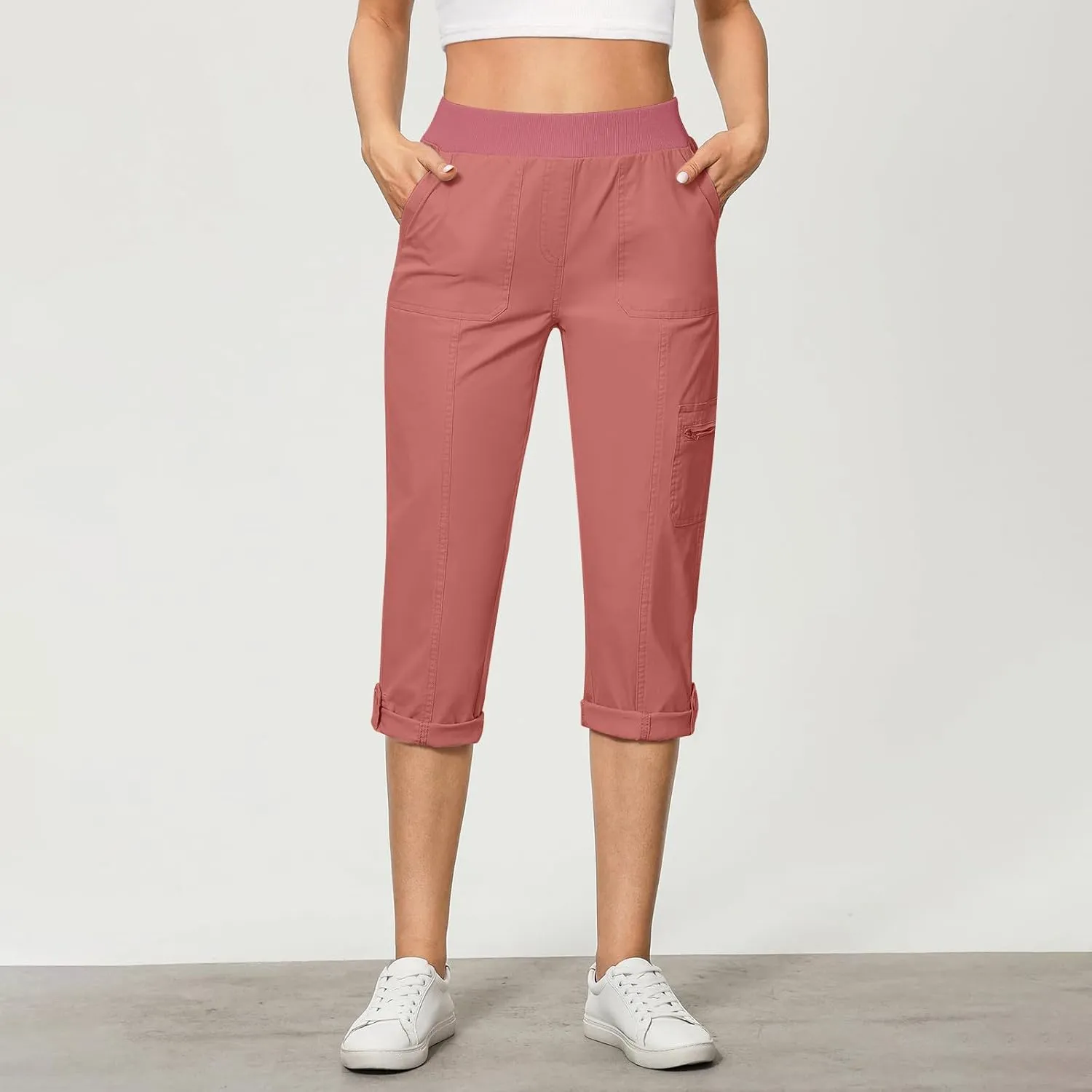 Women Cargo Capris Pants Dressy Casual Pull On Slacks Relaxed Fit Lounge Capris Office Work Comfy Cropped Trousers