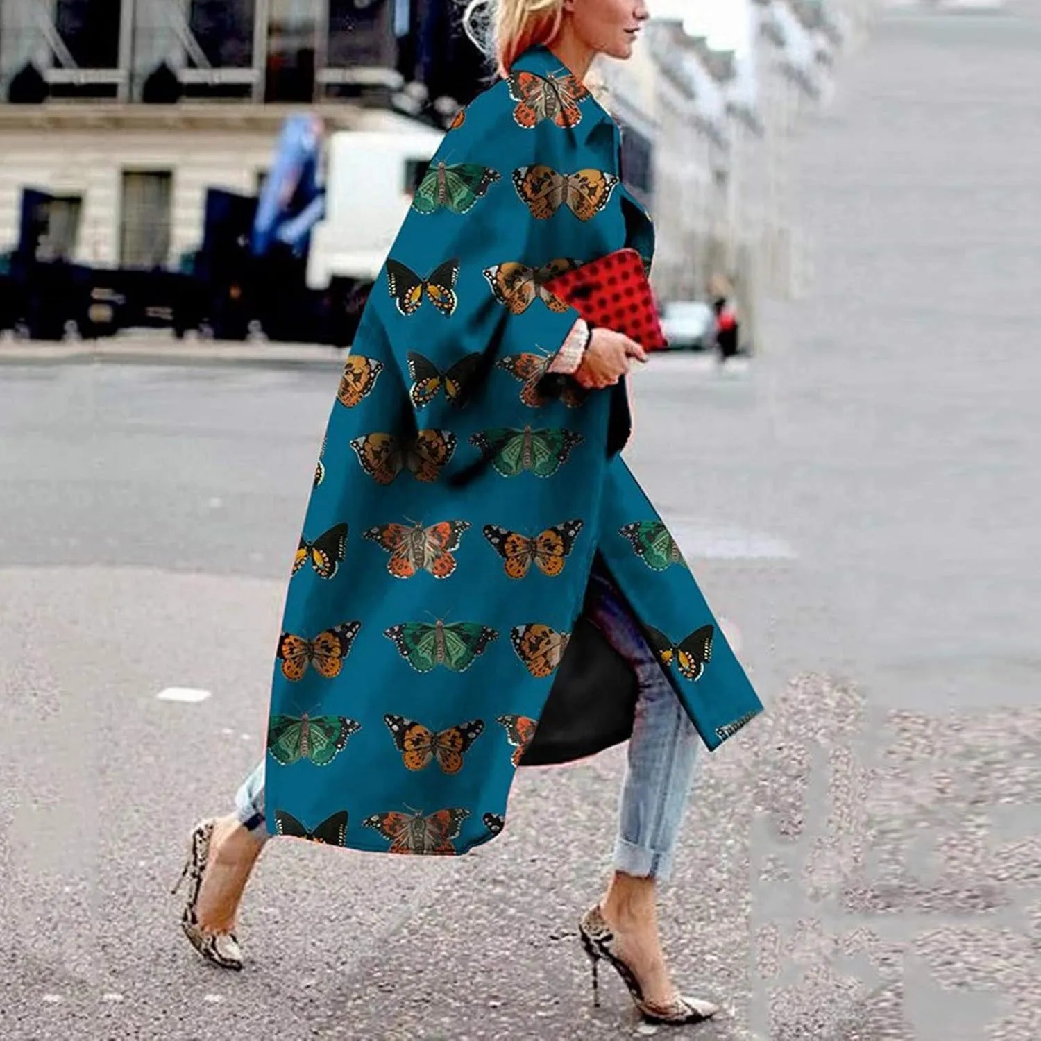 Women Fashion Dolphin Printed Pocket Jacket Outerwear Cardigan Overcoat Long Trench Windbreaker Coat