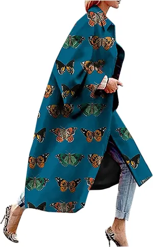 Women Fashion Dolphin Printed Pocket Jacket Outerwear Cardigan Overcoat Long Trench Windbreaker Coat
