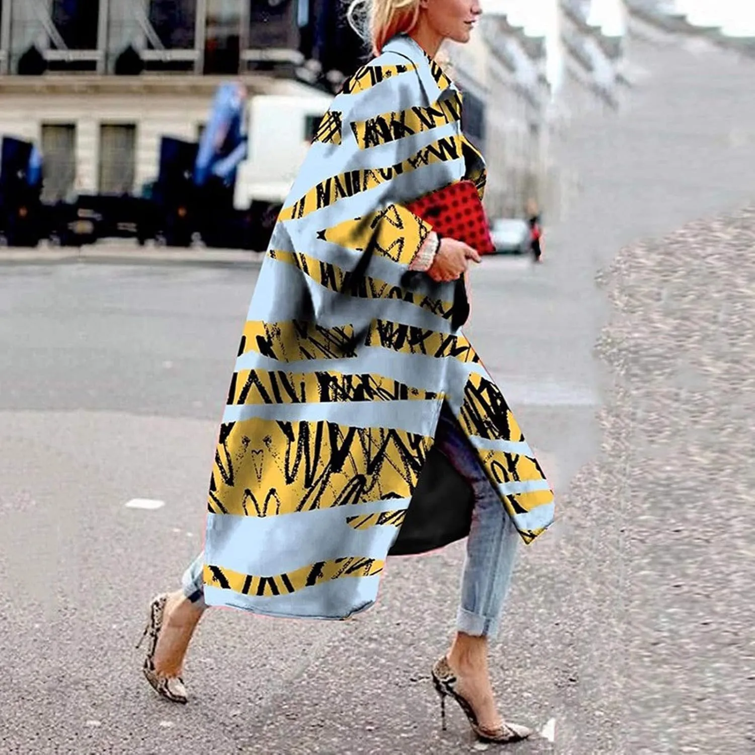 Women Fashion Dolphin Printed Pocket Jacket Outerwear Cardigan Overcoat Long Trench Windbreaker Coat