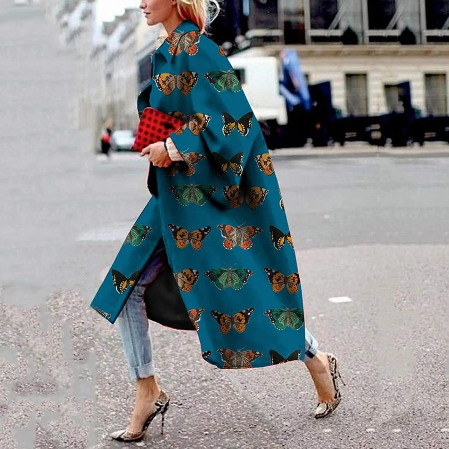Women Fashion Dolphin Printed Pocket Jacket Outerwear Cardigan Overcoat Long Trench Windbreaker Coat