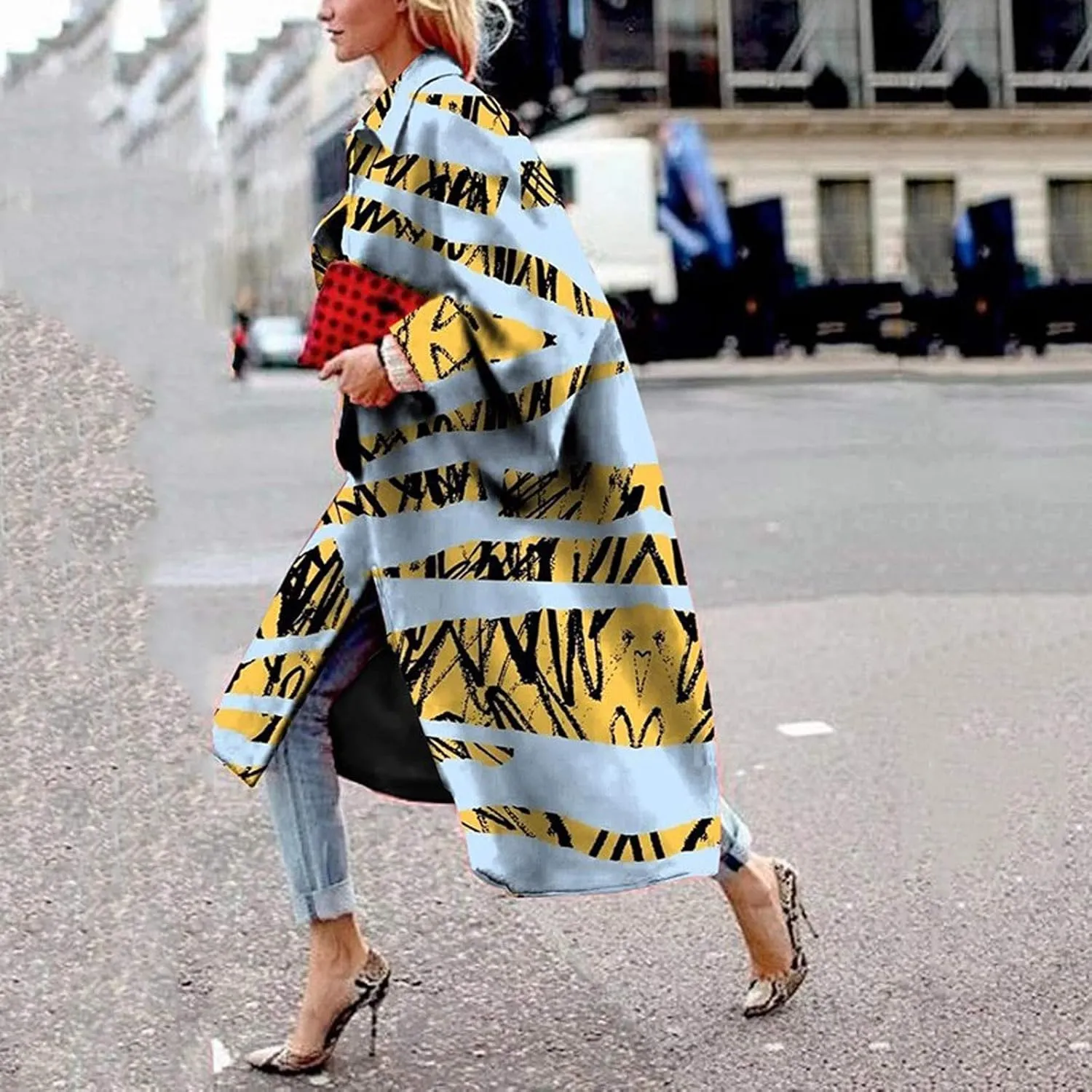 Women Fashion Dolphin Printed Pocket Jacket Outerwear Cardigan Overcoat Long Trench Windbreaker Coat