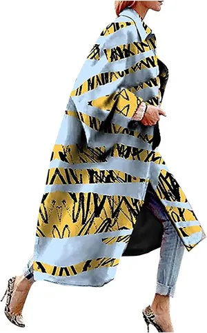 Women Fashion Dolphin Printed Pocket Jacket Outerwear Cardigan Overcoat Long Trench Windbreaker Coat