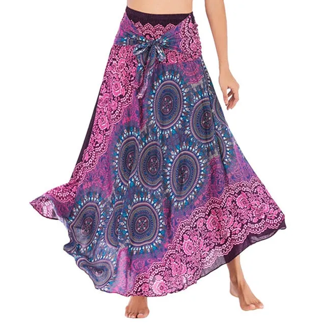 Women Long Bohemian Elegant Flowers Elastic Waist Floral Halter Skirt