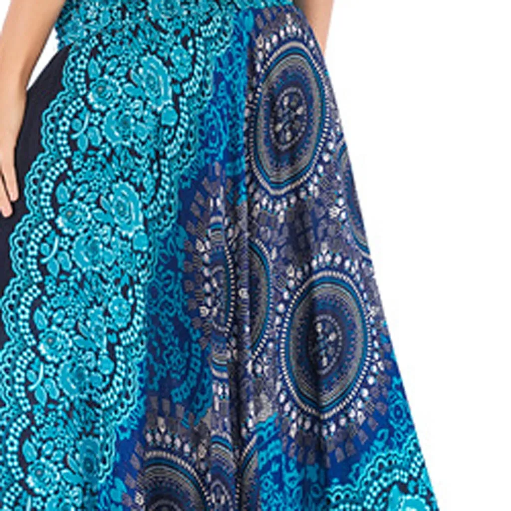 Women Long Bohemian Elegant Flowers Elastic Waist Floral Halter Skirt