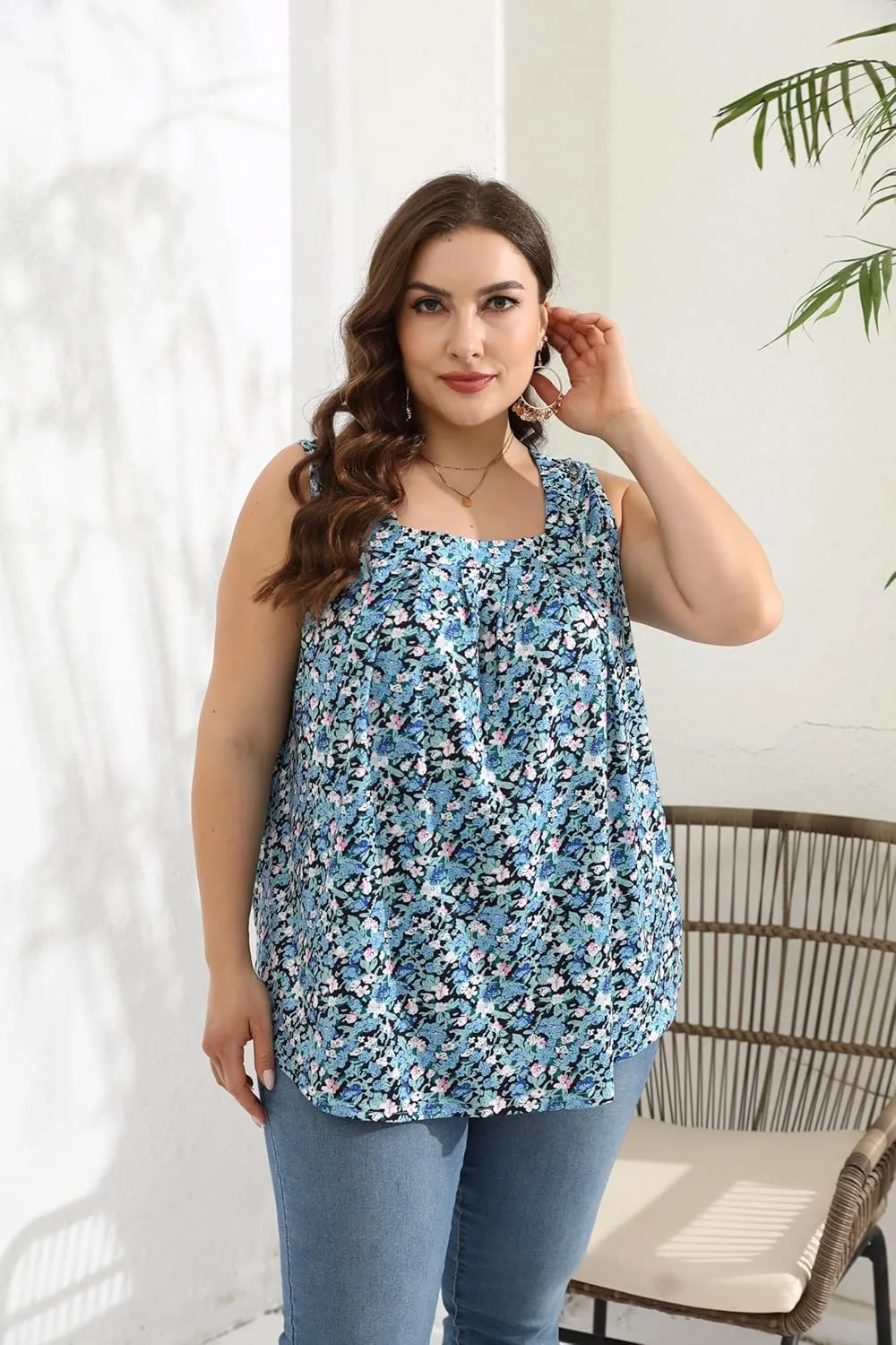 Women Plus Size Tank Tops Loose Fit Pleated Square Neck Sleeveless Flowy Shirts Blouses 1X-5X