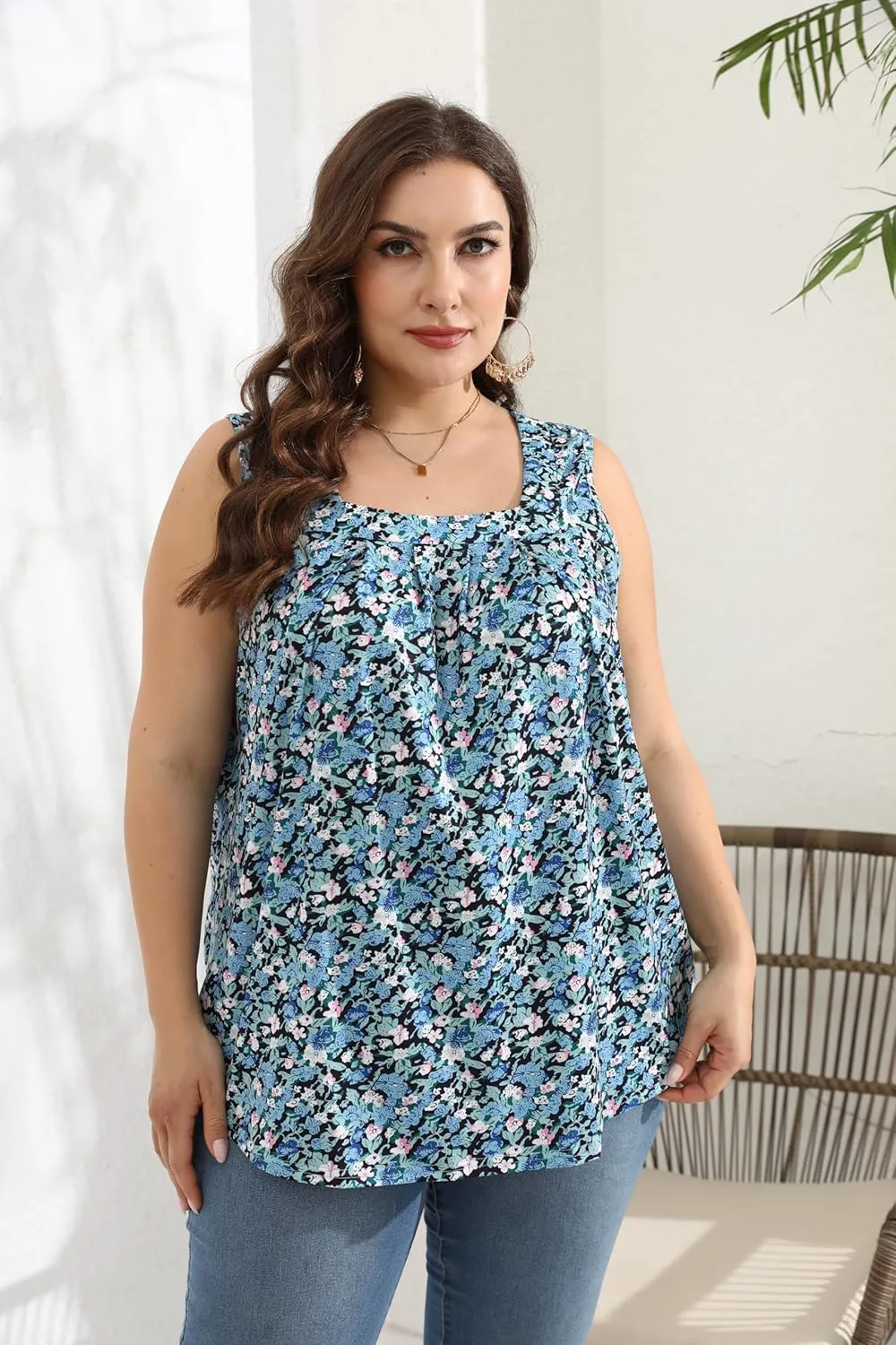 Women Plus Size Tank Tops Loose Fit Pleated Square Neck Sleeveless Flowy Shirts Blouses 1X-5X