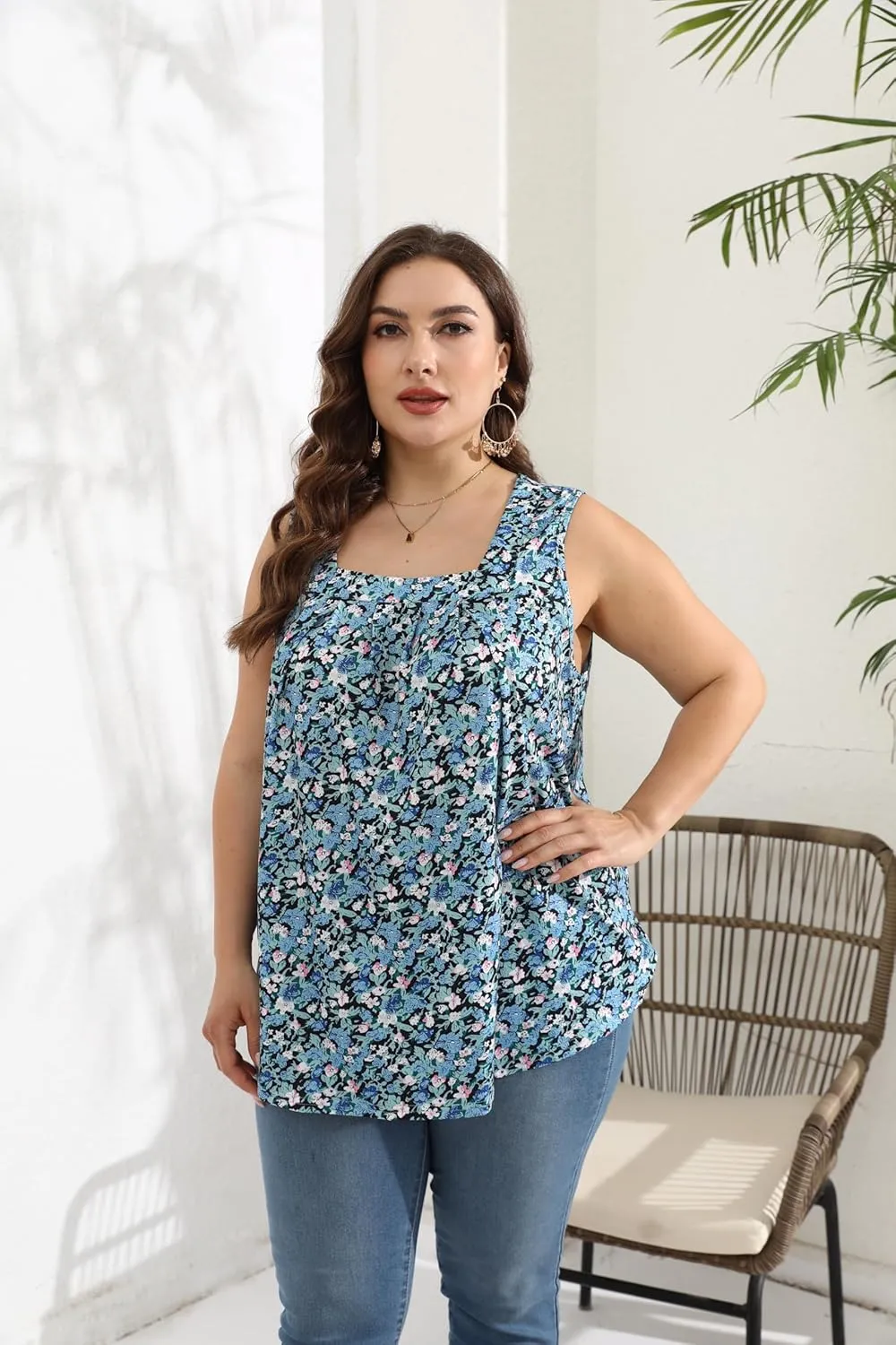 Women Plus Size Tank Tops Loose Fit Pleated Square Neck Sleeveless Flowy Shirts Blouses 1X-5X