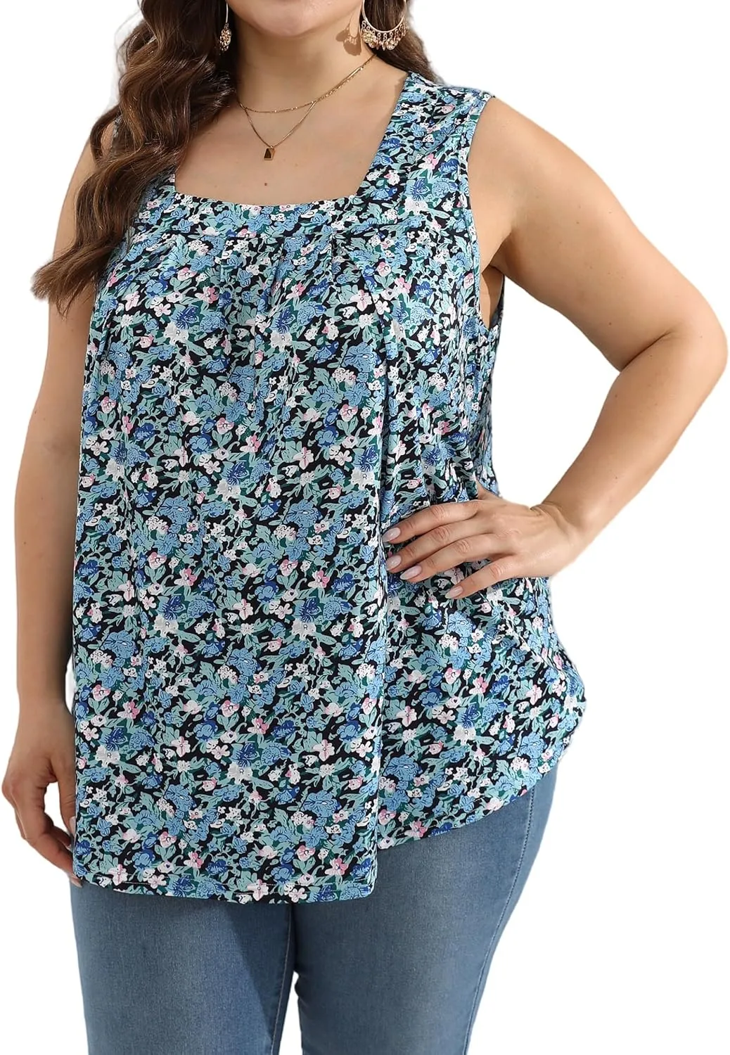 Women Plus Size Tank Tops Loose Fit Pleated Square Neck Sleeveless Flowy Shirts Blouses 1X-5X