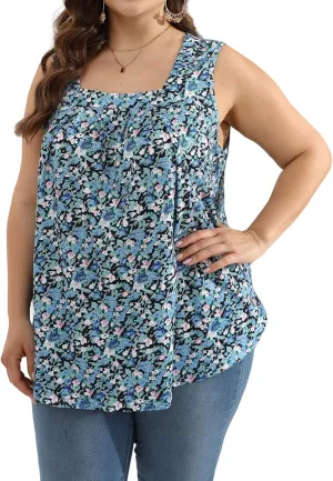 Women Plus Size Tank Tops Loose Fit Pleated Square Neck Sleeveless Flowy Shirts Blouses 1X-5X