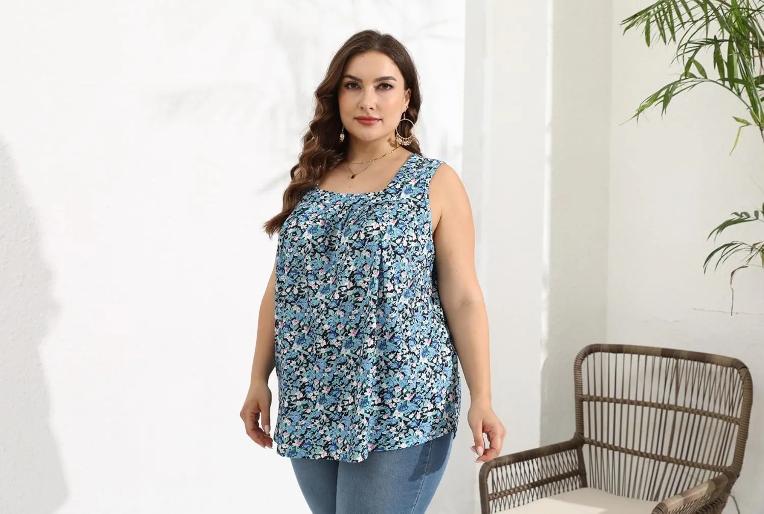 Women Plus Size Tank Tops Loose Fit Pleated Square Neck Sleeveless Flowy Shirts Blouses 1X-5X