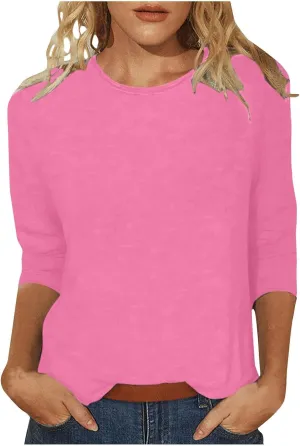 Womens 3/4 Length Sleeve Tops Solid Color Dressy Blouses Trendy Casual Crew Neck T Shirt