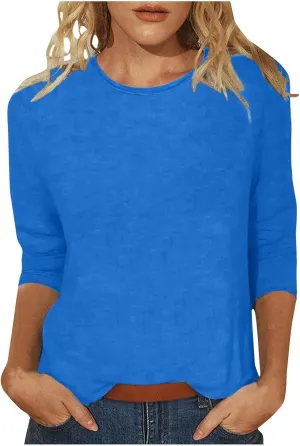 Womens 3/4 Length Sleeve Tops Solid Color Dressy Blouses Trendy Casual Crew Neck T Shirt