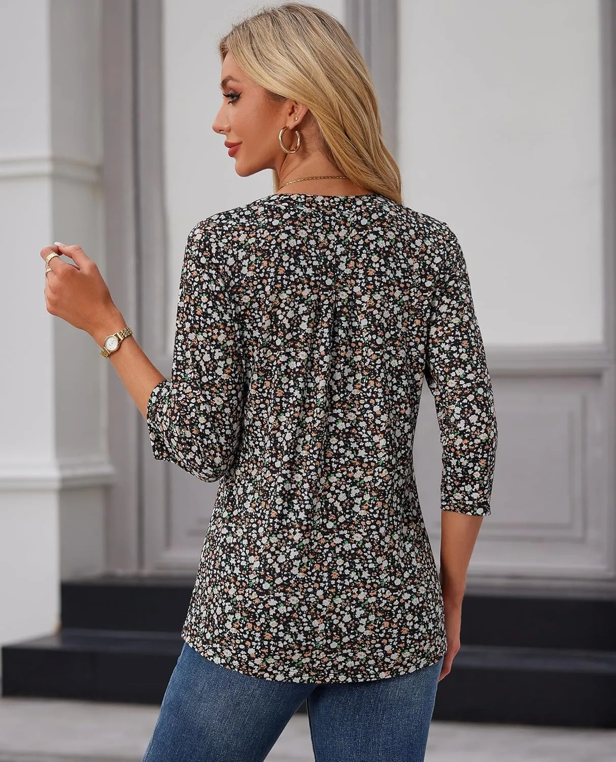 Womens 3/4 Sleeve Tops Business Casual Blouses V Neck Pleated Shirts Peasant Tunic Tops Dressy Casual Work Outfits