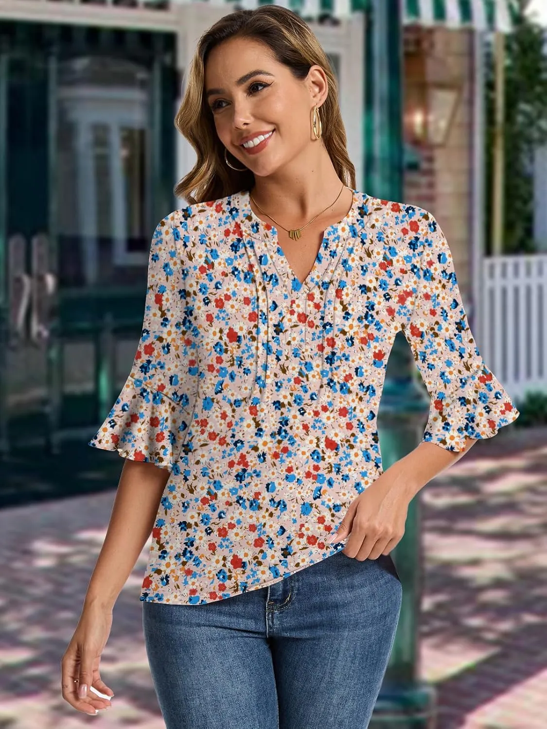 Womens 3/4 Sleeve Tops Shirts for Women Spring Fashion Clothes Trendy Summer Blouses S-XXL