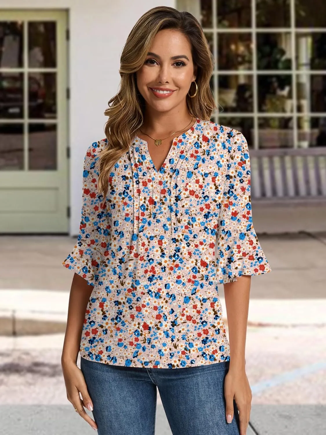 Womens 3/4 Sleeve Tops Shirts for Women Spring Fashion Clothes Trendy Summer Blouses S-XXL