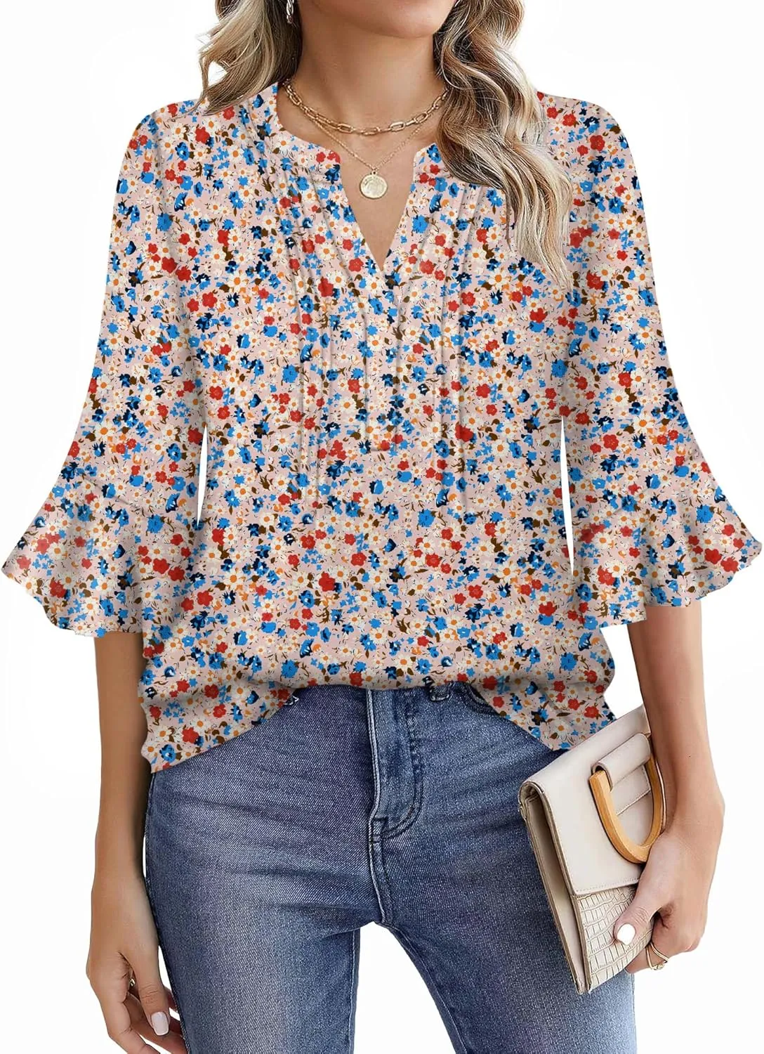Womens 3/4 Sleeve Tops Shirts for Women Spring Fashion Clothes Trendy Summer Blouses S-XXL