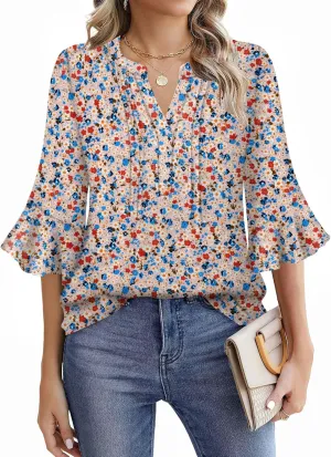 Womens 3/4 Sleeve Tops Shirts for Women Spring Fashion Clothes Trendy Summer Blouses S-XXL