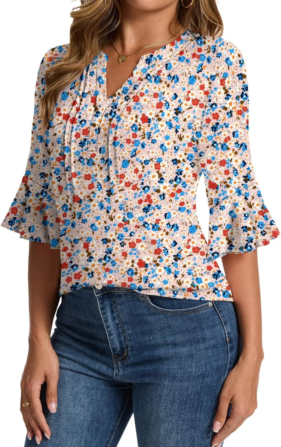 Womens 3/4 Sleeve Tops Shirts for Women Spring Fashion Clothes Trendy Summer Blouses S-XXL