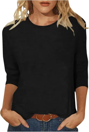 Womens 3/4 Sleeve Tops Solid Color Round Neck Shirts Loose Blouses Three Quarter Sleeve Tshirts