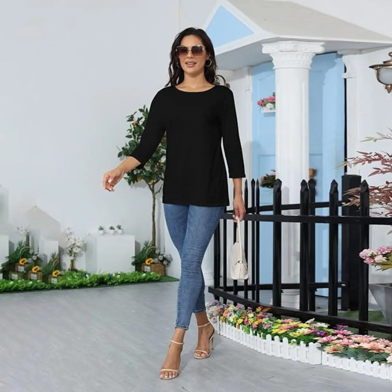 Womens 3/4 Sleeve Tops Solid Color Round Neck Shirts Loose Blouses Three Quarter Sleeve Tshirts