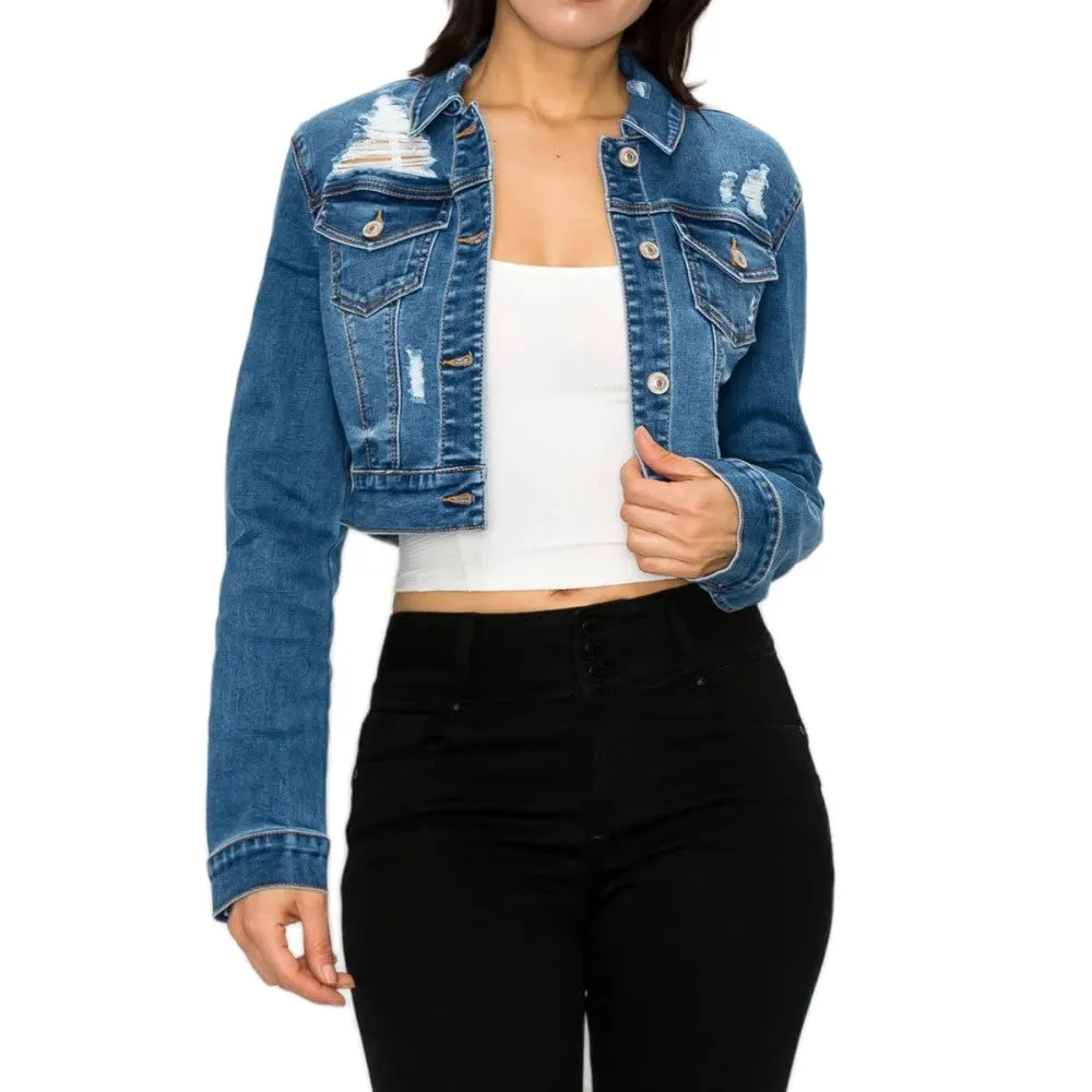 Women's Authentic Crop Destructed Long Sleeve Denim Jacket