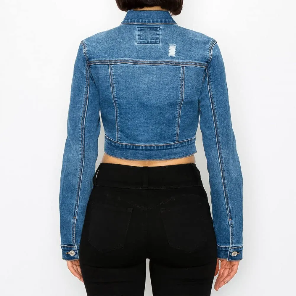 Women's Authentic Crop Destructed Long Sleeve Denim Jacket