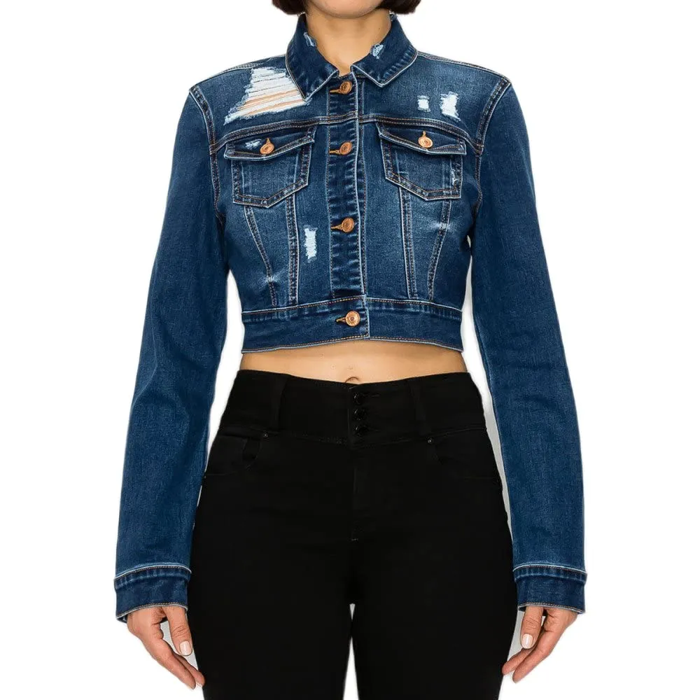 Women's Authentic Crop Destructed Long Sleeve Denim Jacket