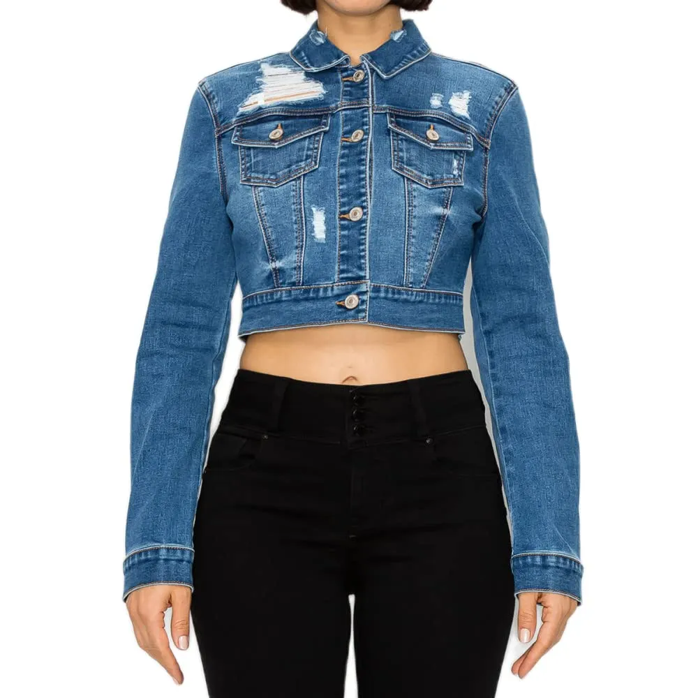 Women's Authentic Crop Destructed Long Sleeve Denim Jacket