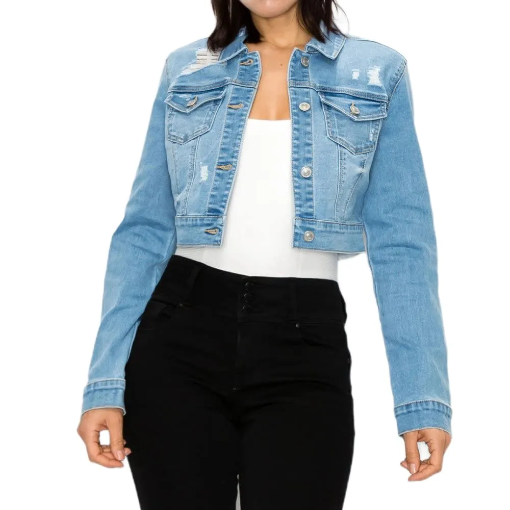 Women's Authentic Crop Destructed Long Sleeve Denim Jacket