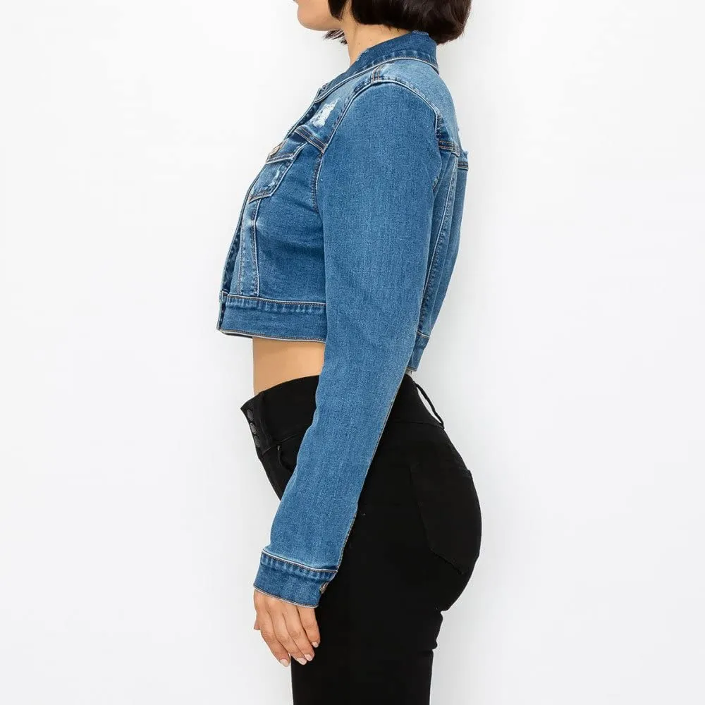 Women's Authentic Crop Destructed Long Sleeve Denim Jacket