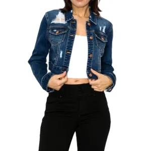 Women's Authentic Crop Destructed Long Sleeve Denim Jacket