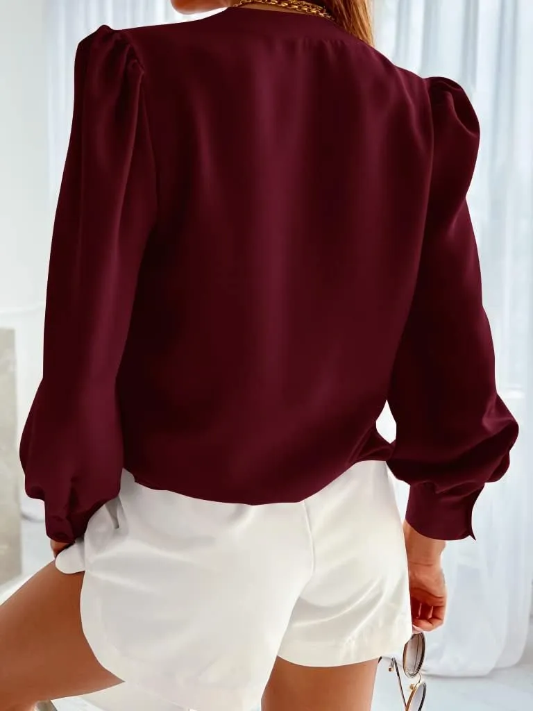 Women's Business Casual Tops Summer Long Sleeve Silk Button Down Shirts V Neck Chiffon Blouses