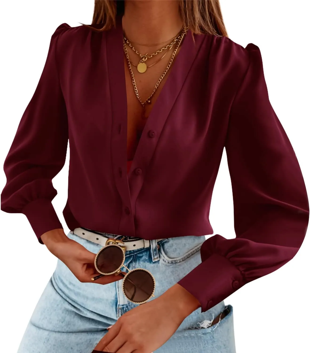 Women's Business Casual Tops Summer Long Sleeve Silk Button Down Shirts V Neck Chiffon Blouses