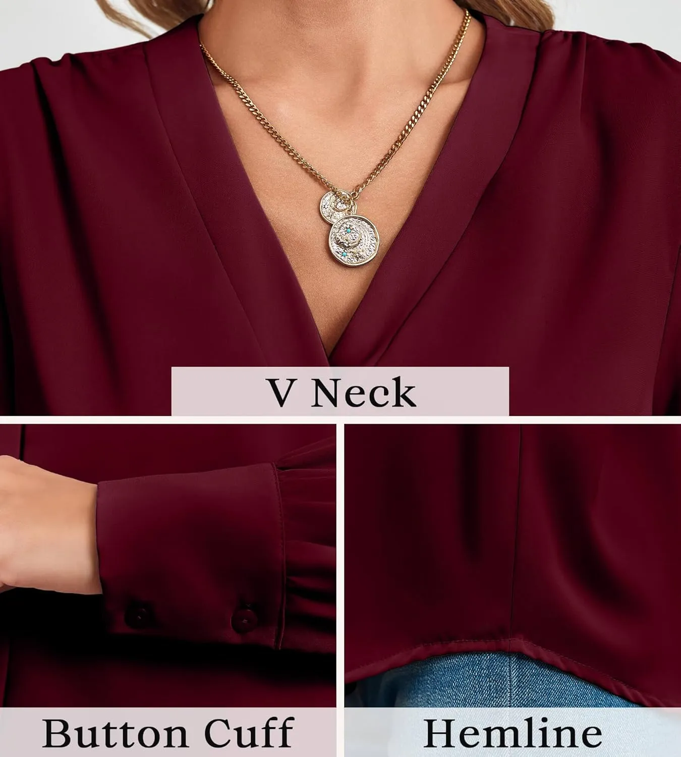 Women's Business Casual Tops Summer Long Sleeve Silk Button Down Shirts V Neck Chiffon Blouses