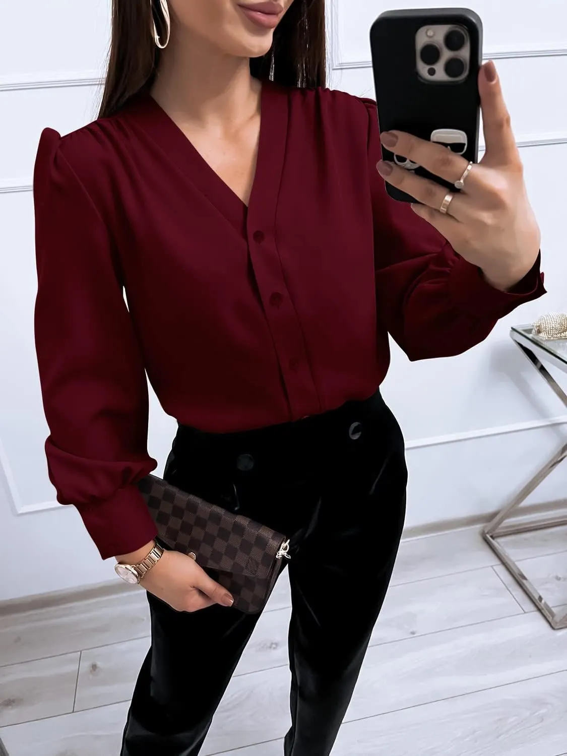 Women's Business Casual Tops Summer Long Sleeve Silk Button Down Shirts V Neck Chiffon Blouses
