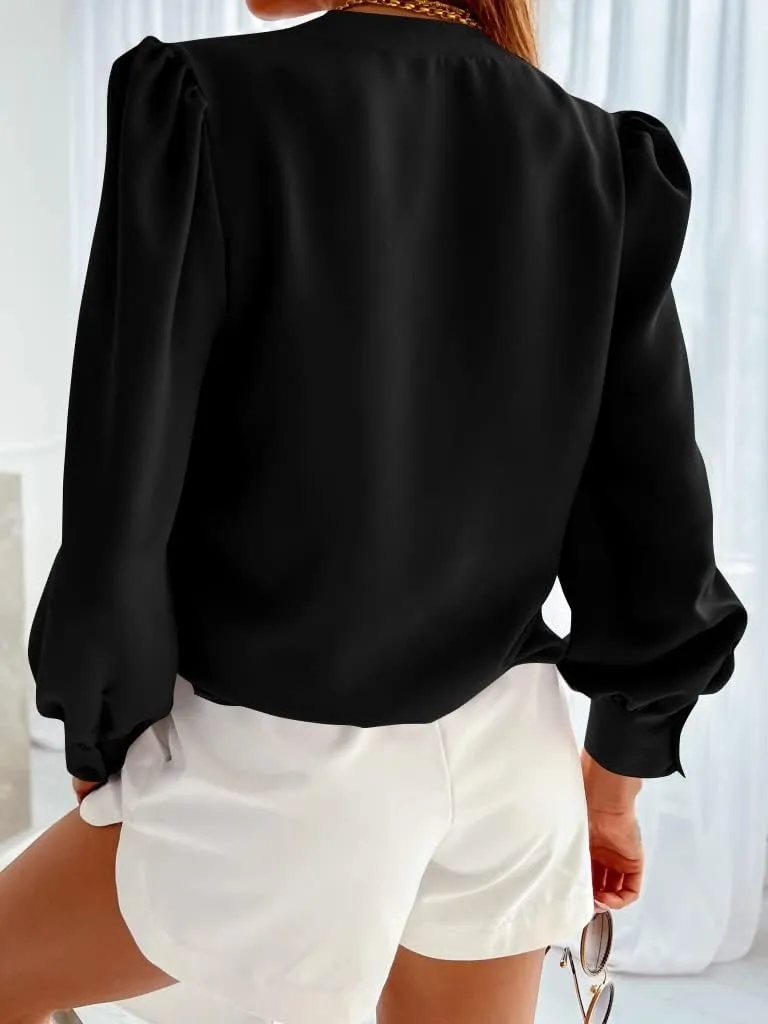 Women's Business Casual Tops Summer Long Sleeve Silk Button Down Shirts V Neck Chiffon Blouses