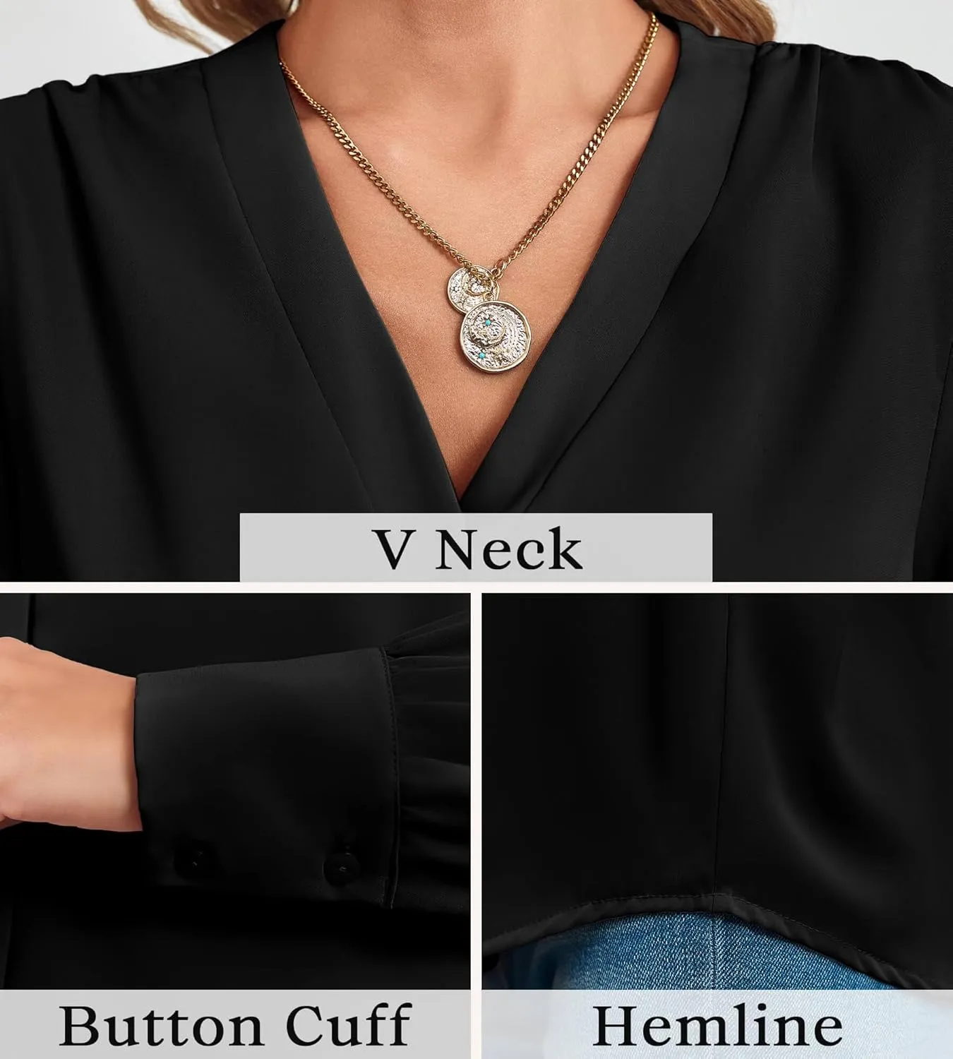 Women's Business Casual Tops Summer Long Sleeve Silk Button Down Shirts V Neck Chiffon Blouses