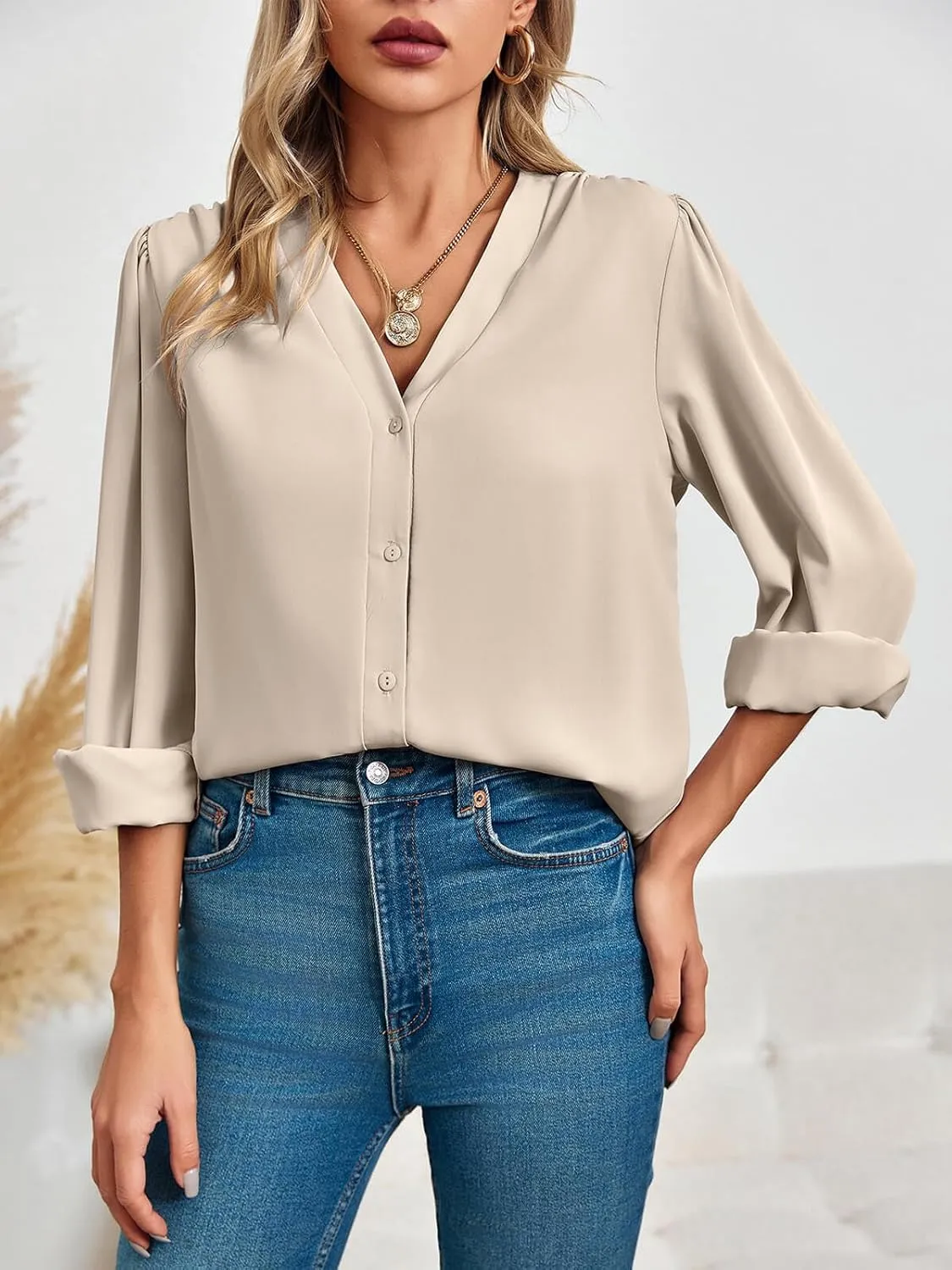 Women's Business Casual Tops Summer Long Sleeve Silk Button Down Shirts V Neck Chiffon Blouses