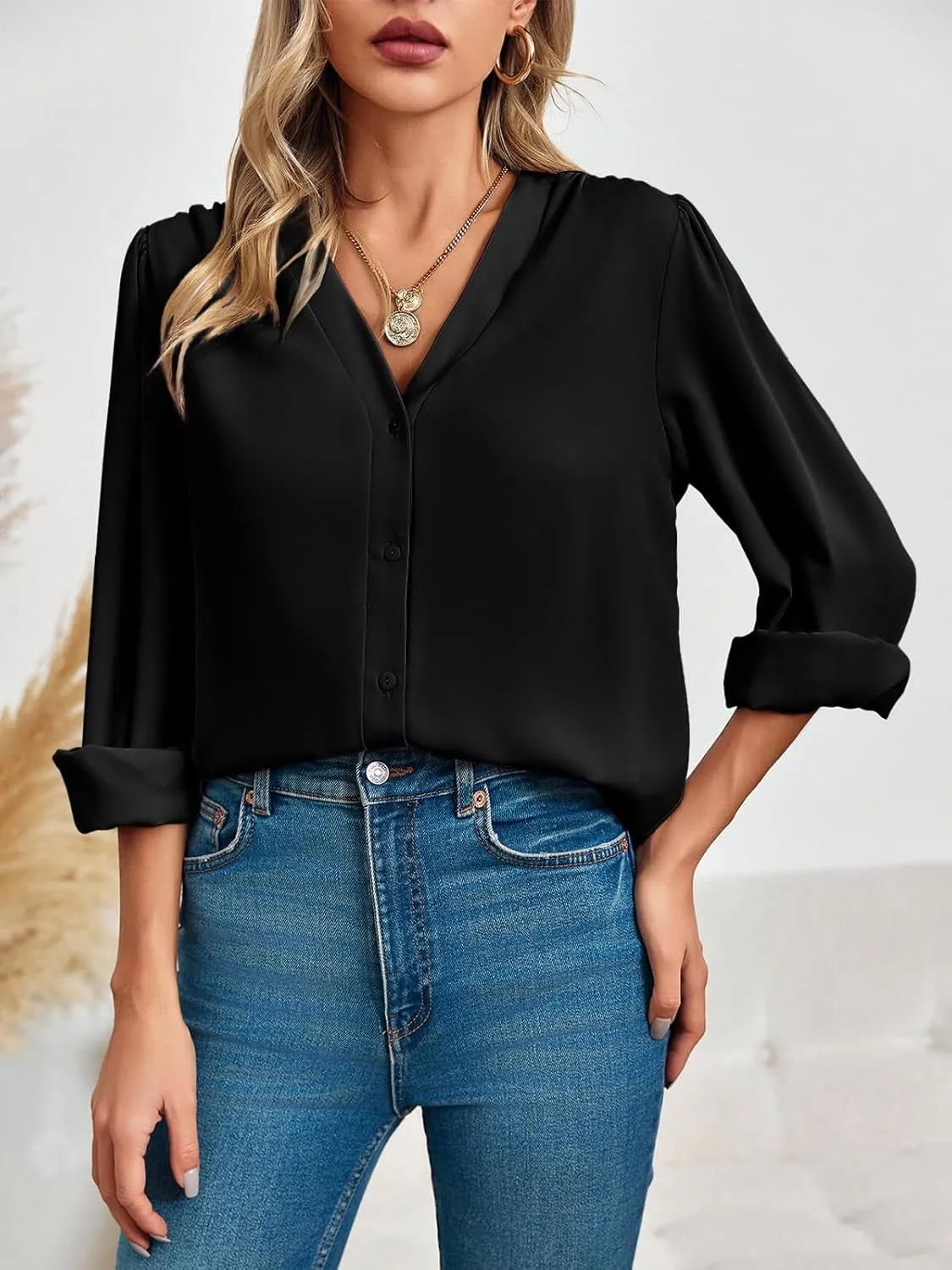 Women's Business Casual Tops Summer Long Sleeve Silk Button Down Shirts V Neck Chiffon Blouses