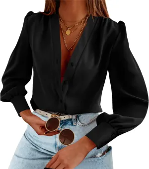 Women's Business Casual Tops Summer Long Sleeve Silk Button Down Shirts V Neck Chiffon Blouses
