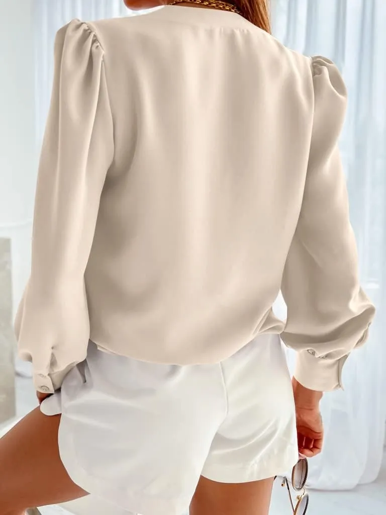 Women's Business Casual Tops Summer Long Sleeve Silk Button Down Shirts V Neck Chiffon Blouses