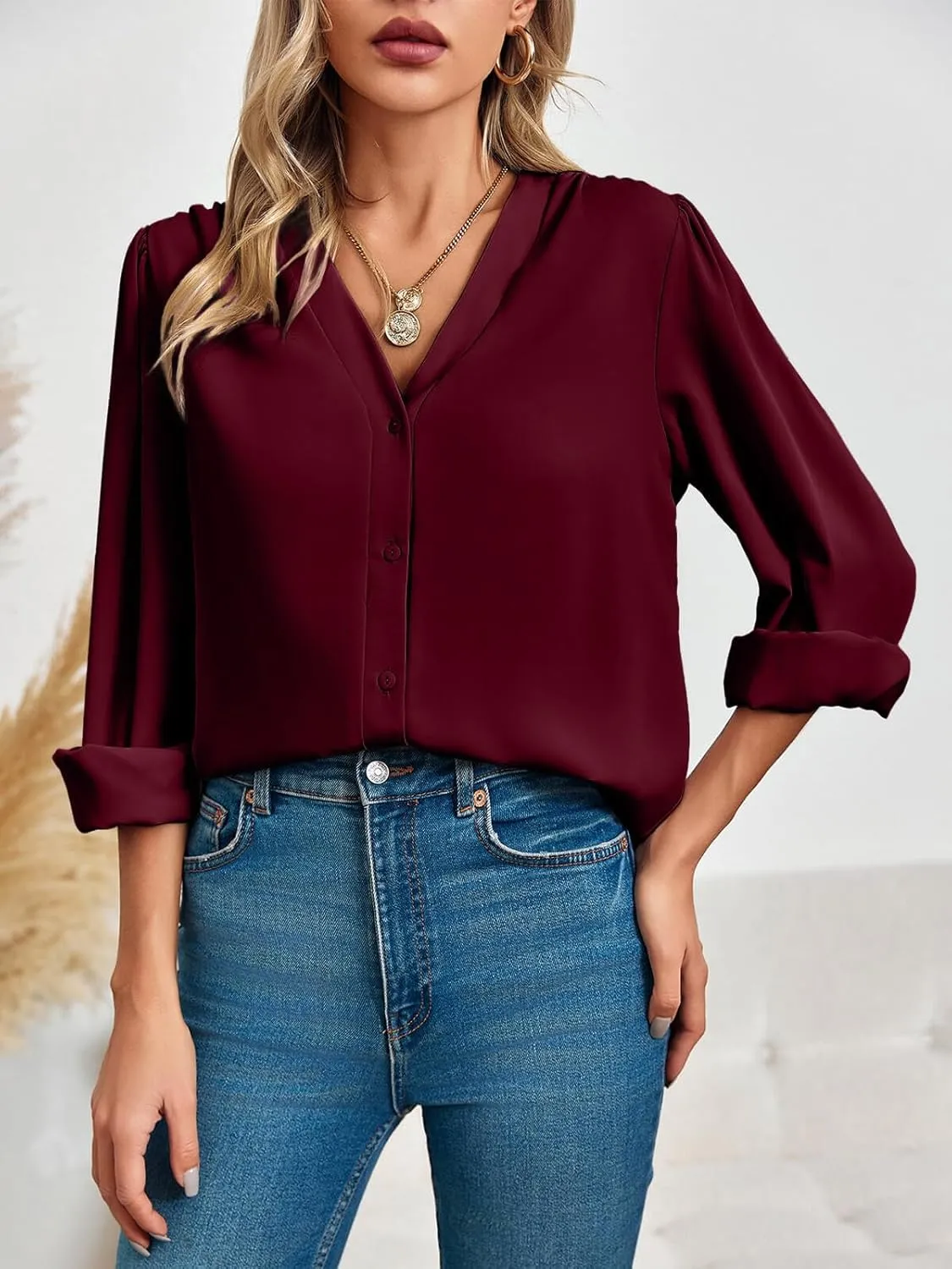 Women's Business Casual Tops Summer Long Sleeve Silk Button Down Shirts V Neck Chiffon Blouses