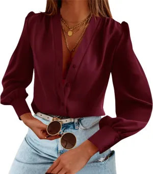 Women's Business Casual Tops Summer Long Sleeve Silk Button Down Shirts V Neck Chiffon Blouses