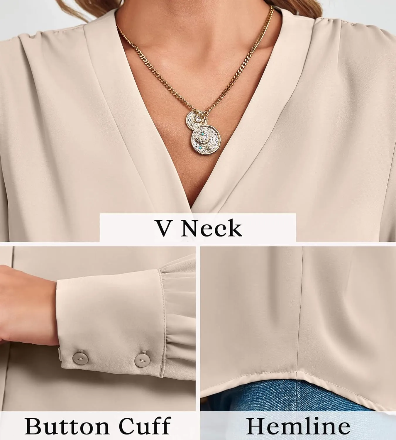 Women's Business Casual Tops Summer Long Sleeve Silk Button Down Shirts V Neck Chiffon Blouses