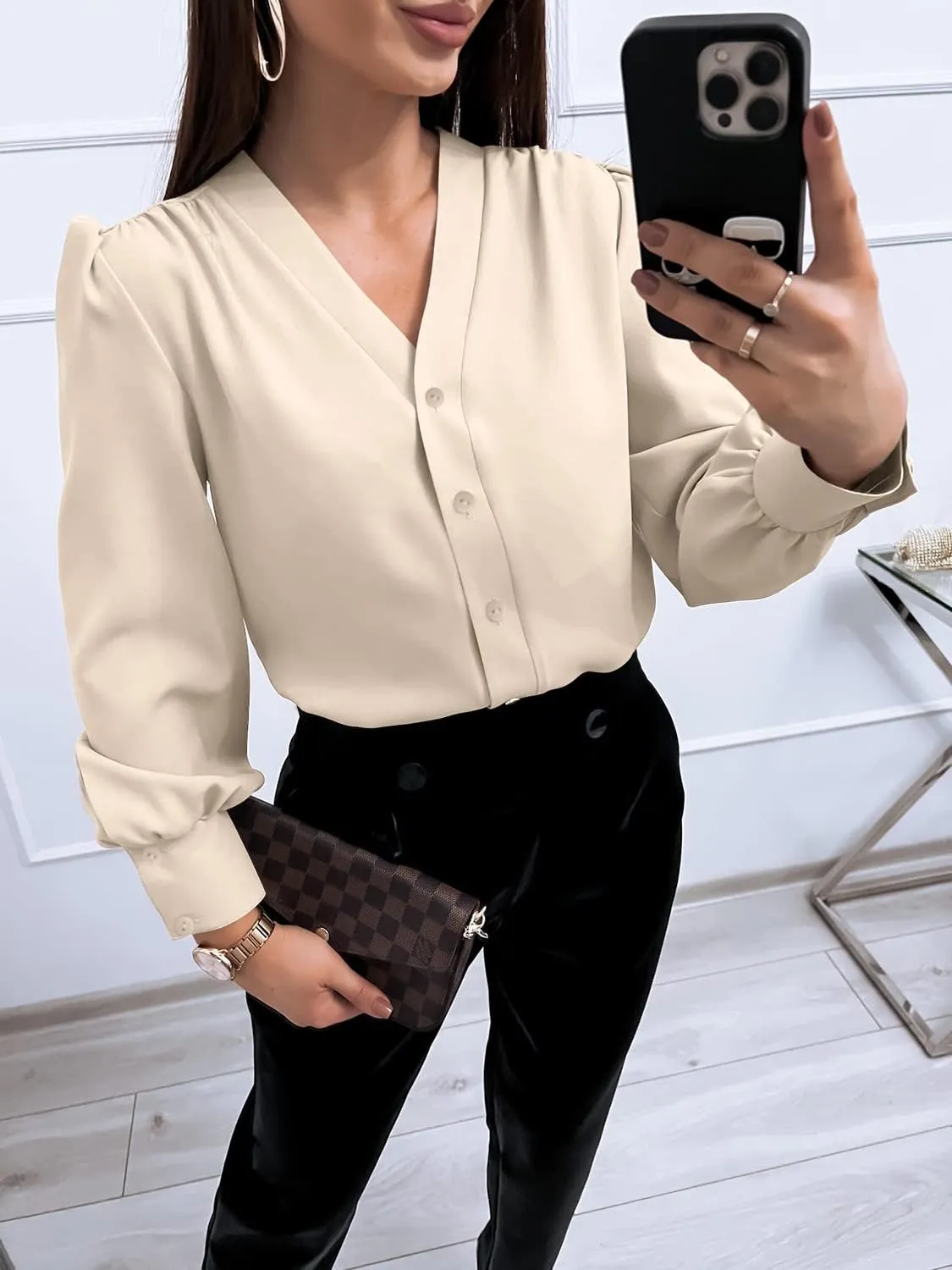 Women's Business Casual Tops Summer Long Sleeve Silk Button Down Shirts V Neck Chiffon Blouses